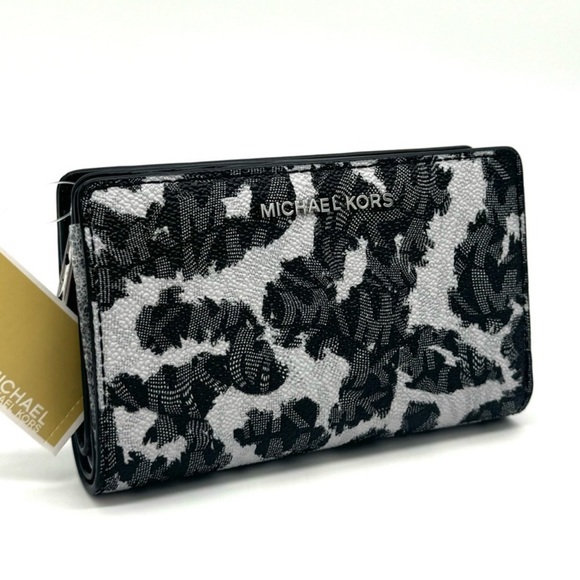 Michael Kors Medium Empire Leopard Logo Snap ZA Wallet Black Multi - Picture 2 of 10